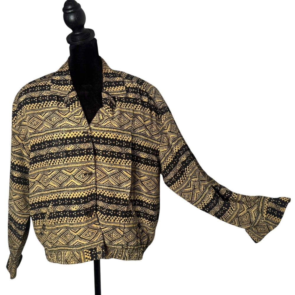 August‎ Silk Ethnic Tribal Print Statement Jacket Size S P Retro Artsy Eclectic